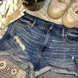Light wash blue high waisted jean shorts